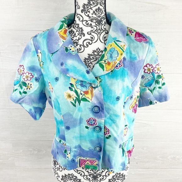 Rickie Freeman Teri Jon Vintage Floral Tie Dye Cropped Linen Blazer Jacket - Picture 1 of 6